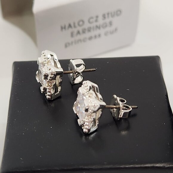 Avon Halo Cubic Zirconia Stud Earrings Princess Cut x 4 NEW - Picture 4 of 10